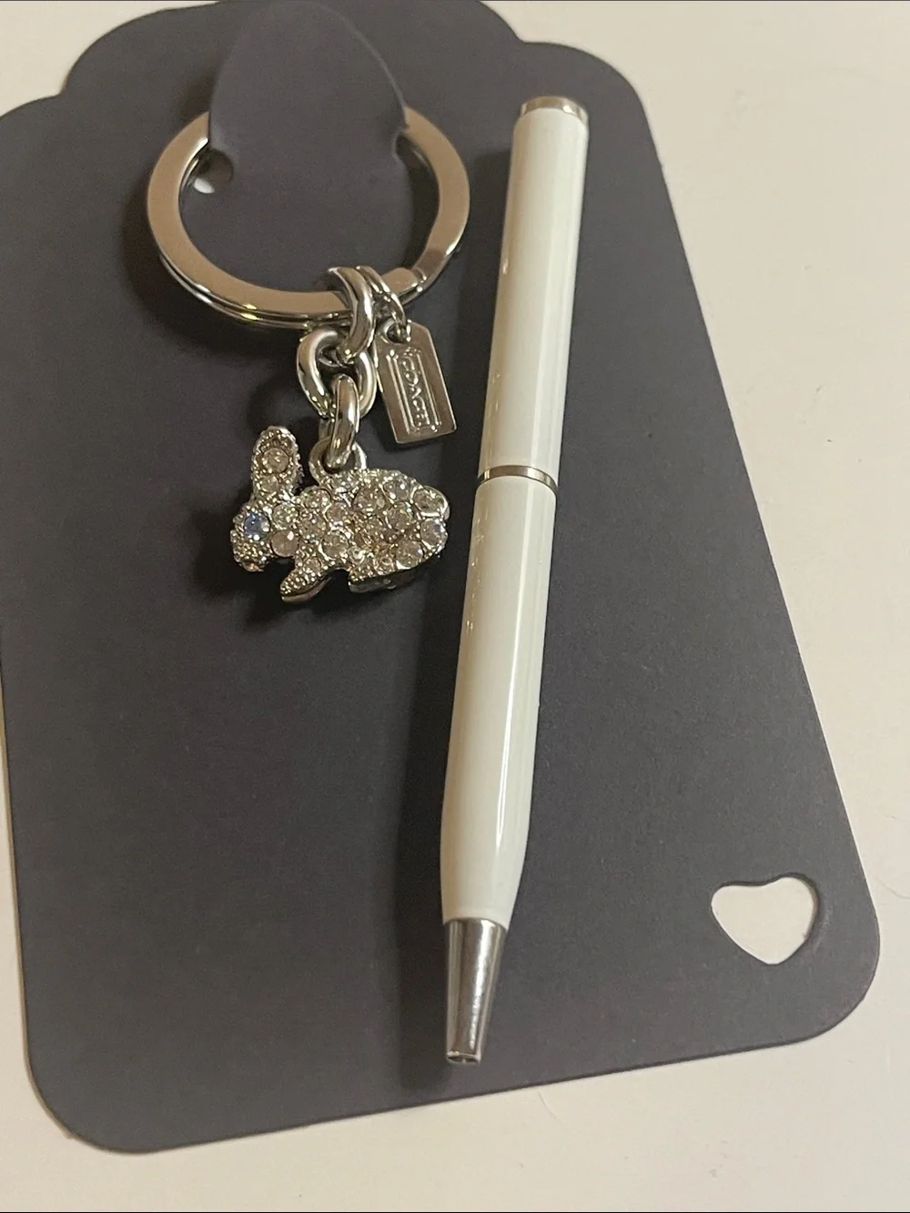 Coach Crystal Bunny Keychain with Logo Tag and Coach Pen